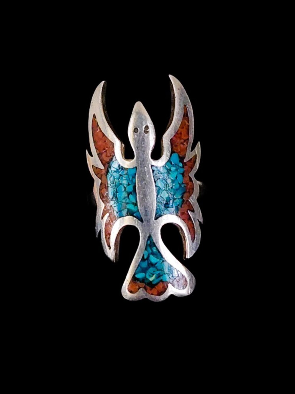 VNTG 1970s Navajo Sterling Silver Turquoise Coral Waterbird Ring Size 10 Unisex